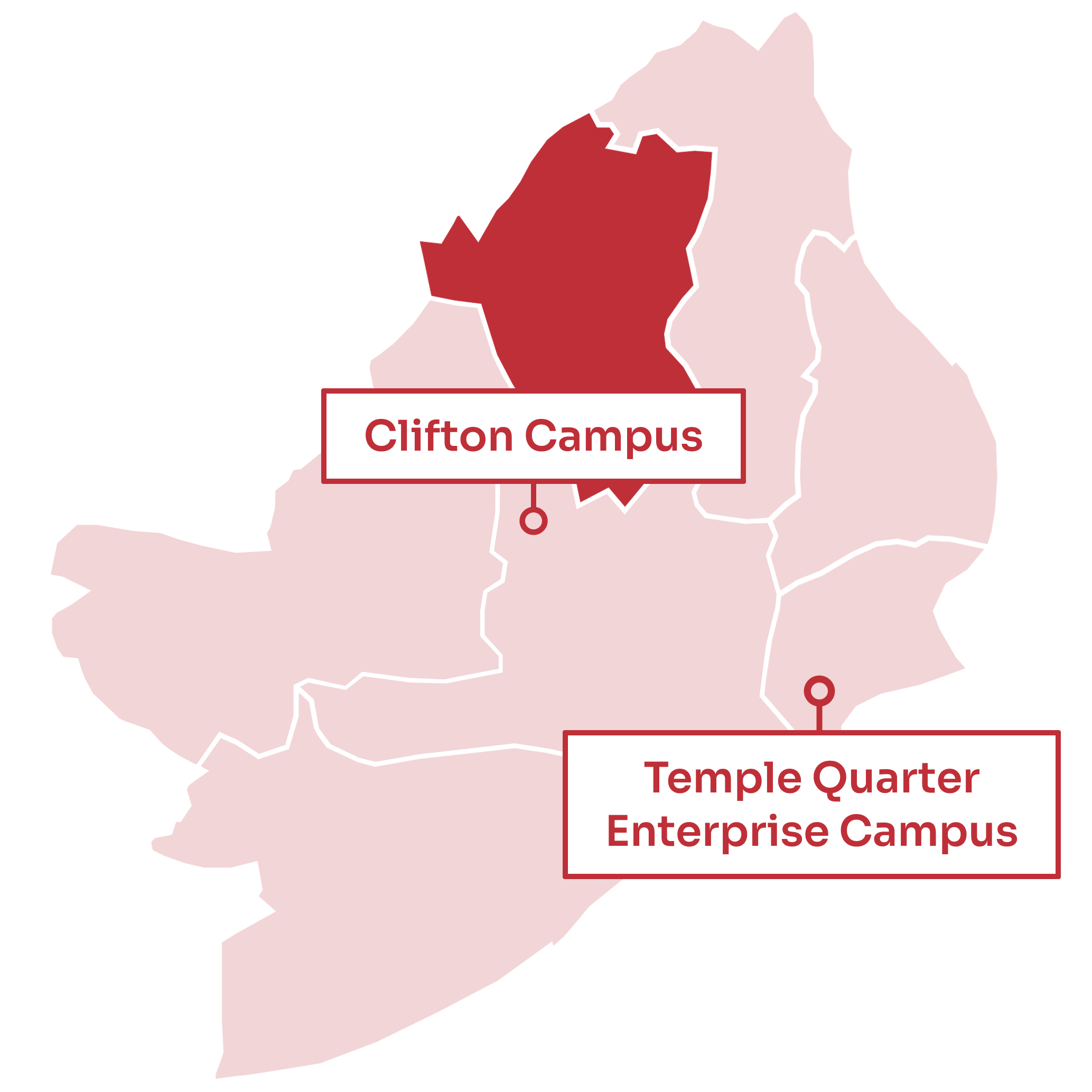 A map of Bristol with the Cotham, Redland and Kingsdown areas highlighted to the north. Clifton Campus is to the south of the highlighted area. Temple Quarter Enterprise Campus is to the south east.